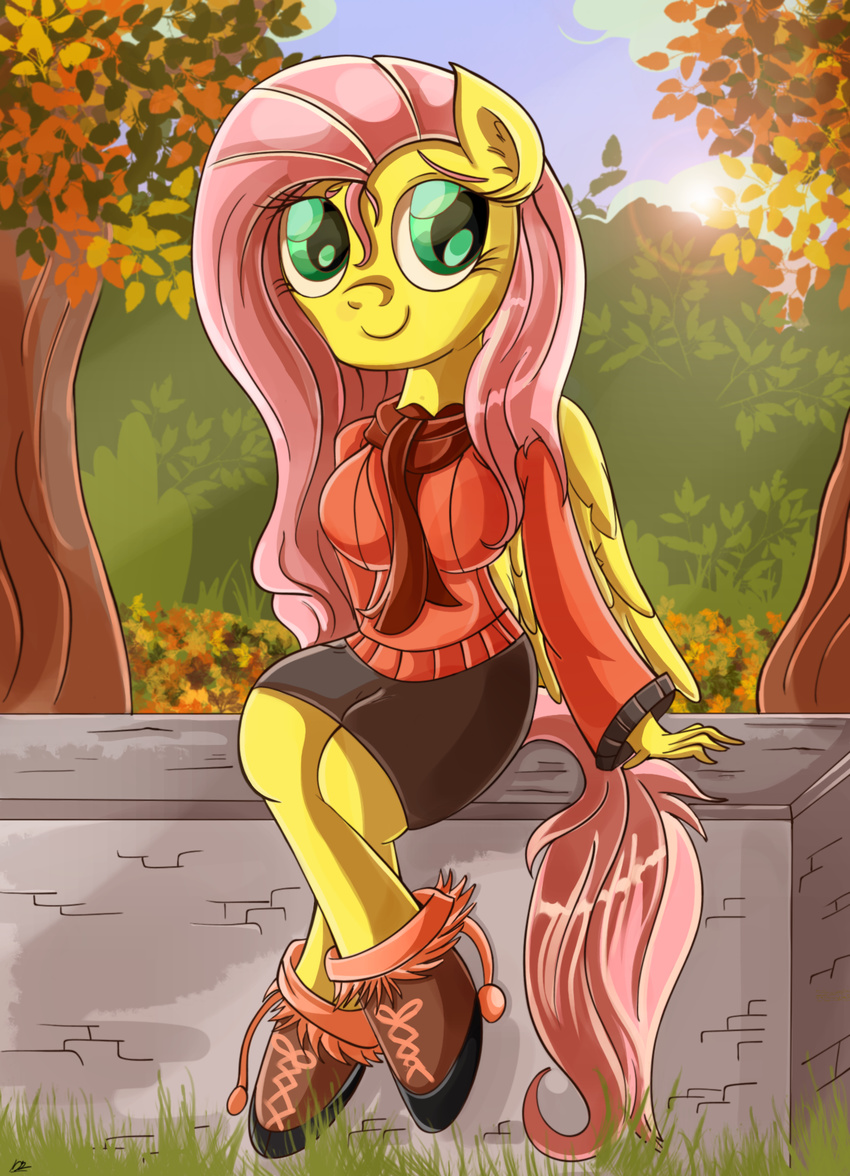 2015 anthro anthrofied autumn blue_eyes clothing daniel-sg equine female fluttershy_(mlp) friendship_is_magic hair mammal my_little_pony pegasus pink_hair sitting solo wings