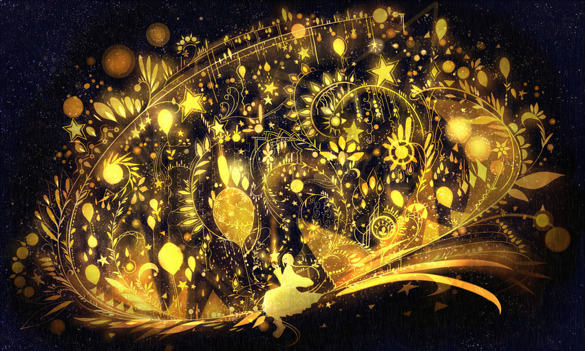 abstract ahoge braid dark dress floating_hair glowing highres lens_flare light_particles long_hair original sakimori_(hououbds) single_braid sitting smile solo star yellow