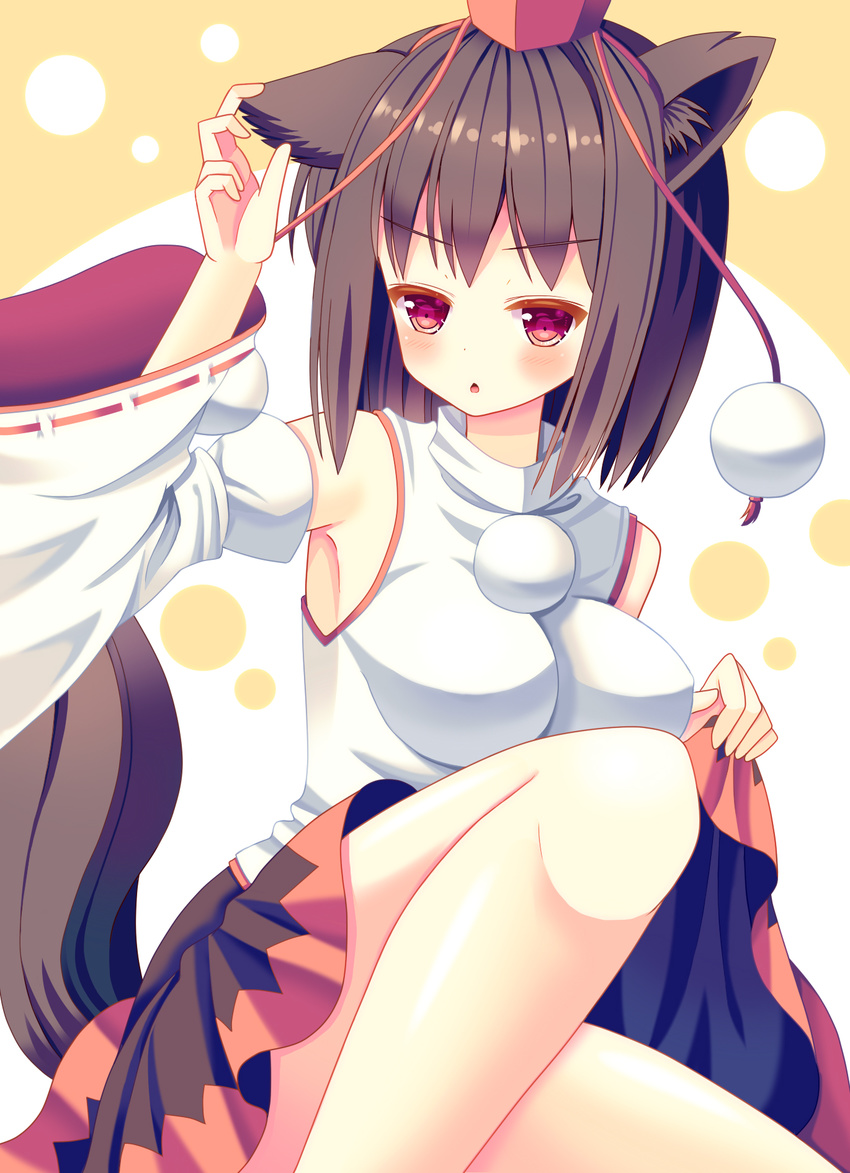 animal_ears armpits black_hair blush breasts chestnut_mouth cosplay detached_sleeves ear_grab fake_animal_ears hat hat_ribbon hazakura_satsuki highres inubashiri_momiji inubashiri_momiji_(cosplay) kemonomimi_mode large_breasts long_sleeves open_mouth pink_eyes pom_pom_(clothes) ribbon shameimaru_aya shirt sitting skirt skirt_lift solo tail tokin_hat touhou wide_sleeves wolf_ears wolf_tail