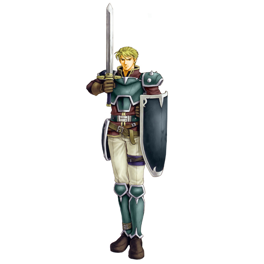 armor blonde_hair brown_eyes fire_emblem fire_emblem:_rekka_no_ken harken_(fire_emblem) highres holding holding_sword holding_weapon looking_at_viewer male_focus official_art shield shoulder_armor solo spaulders sword wada_sachiko weapon white_background