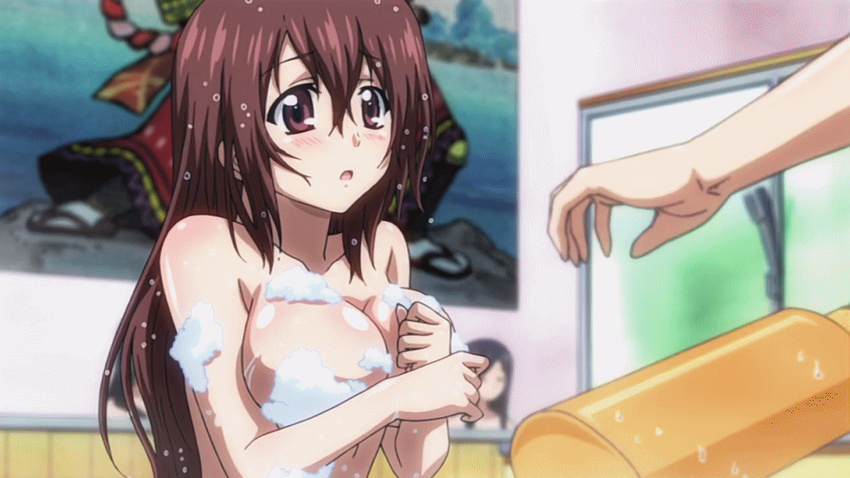 animated animated_gif between_breasts blush breast_grab breasts brown_hair fall genderswap grabbing hair_ornament hairclip head_between_breasts large_breasts long_hair mitsuki_sohara naked_towel sakurai_tomoki sakurai_tomoko shampoo short_hair sora_no_otoshimono wet yuri