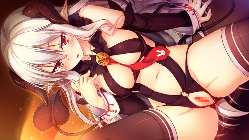 1girl arm_support bare_shoulders black_legwear black_thighhighs breasts censored chloe_oudiaar collarbone demon_girl demon_tail detached_sleeves female game_cg horns midriff navel pointy_ears pussy sitting solo tail thighhighs tou_no_shita_no_exercitus