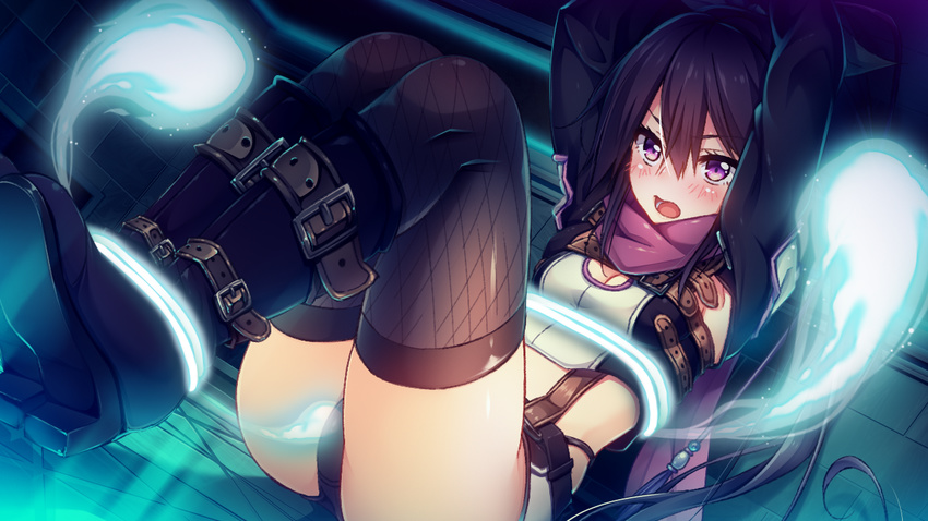 1girl arms_up bdsm belt black_hair black_panties black_thighhighs blush bondage boots bound female fishnet_legwear fishnets game_cg hair_ornament long_hair long_sleeves luana_seraphis magic multiple_belts open_mouth panties ponytail purple_eyes scarf solo tou_no_shita_no_exercitus underwear