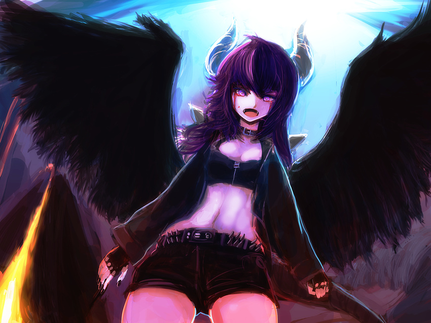 demon_girl helrouis highres horns original purple_eyes purple_hair solo wings