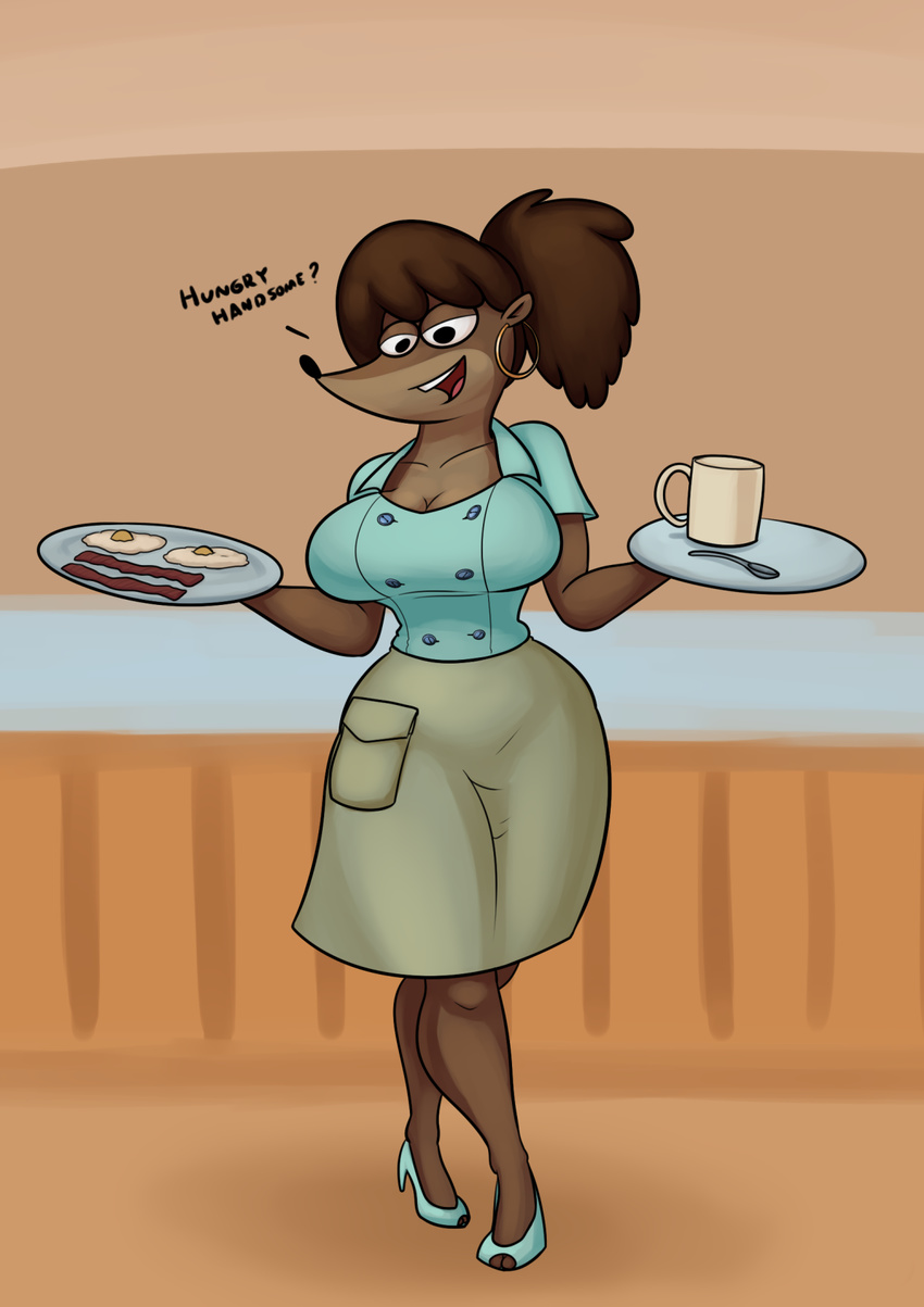 anthro big_breasts breasts cartoon_network clothed clothing dialogue ear_piercing female hair high_heels mammal piercing raccoon regular_show rigby's_mom solo text thingshappen