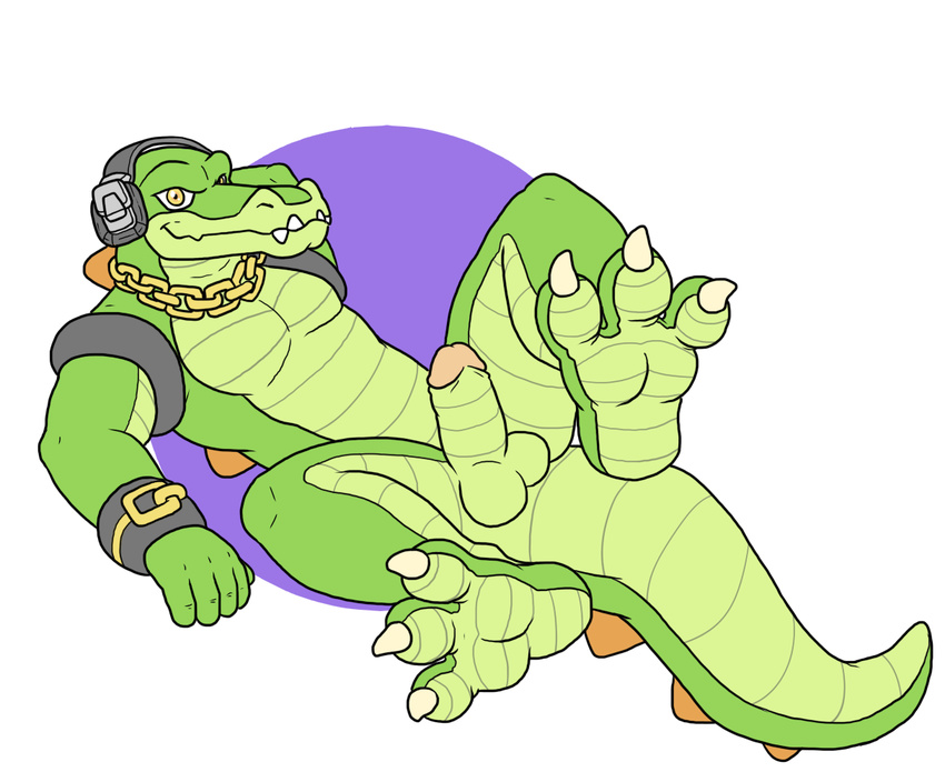 anthro balls blueballs chain crocodile erection flat_colors legs_up looking_at_viewer lying male nude on_back penis pinup pose reptile scalie solo sonic_(series) spread_legs spreading vector_the_crocodile