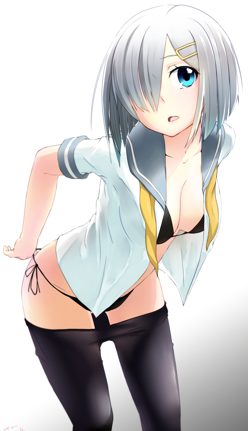 32._(32_sats) absurdres artist_name black_bra black_panties blue_eyes bra breasts cleavage dated gradient gradient_background grey_hair hair_ornament hair_over_one_eye hairclip hamakaze_(kantai_collection) highres kantai_collection leaning_forward medium_breasts open_clothes panties pantyhose pantyhose_pull school_uniform short_sleeves side-tie_panties solo underwear