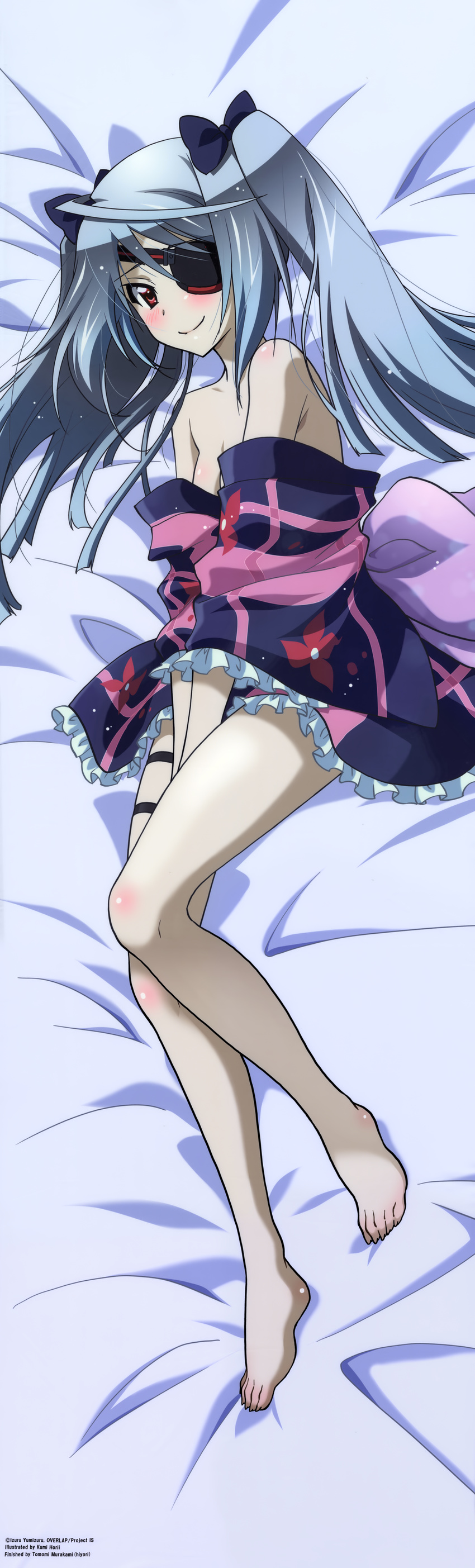 absurdres barefoot blush dakimakura eyepatch full_body highres horii_kumi huge_filesize infinite_stratos japanese_clothes kimono laura_bodewig long_hair silver_hair smile solo yukata