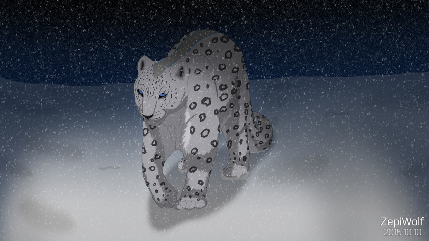 2015 blue_eyes feline female feral fur leopard looking_at_viewer mammal night nude outside snow snow_leopard snowing solo walking white_fur zafira zepiwolf