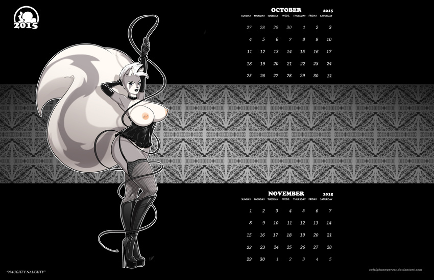 2015 anthro big_breasts big_tail blue_eyes boots breasts clothing collar corset esmeralda female footwear fur gloves grey_fur hair huge_breasts legwear lips mammal nipples piercing short_hair skunk solo stockings whip white_fur white_hair zaftigbunnypress