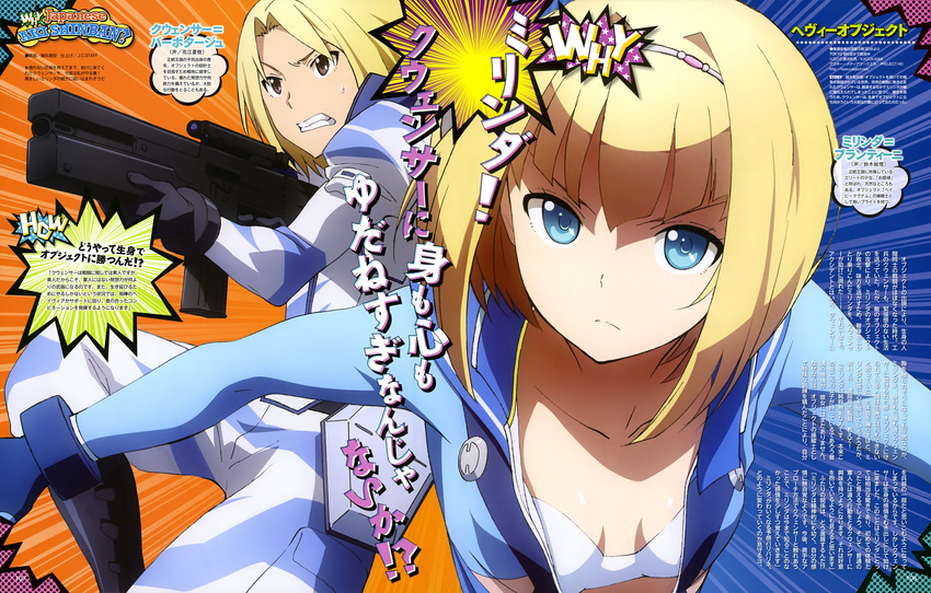 1girl absurdres aiming bangs blonde_hair blue_background blue_eyes bodysuit boots bra bracer breasts camouflage character_name cleavage clenched_teeth copyright_name emphasis_lines faulds fighting_stance frown fujii_masahiro gloves grey_eyes gun hairband heavy_object highres holding holding_weapon knee_boots looking_at_viewer magazine_scan milinda_brantini military military_uniform nervous official_art open_clothes orange_background outstretched_arms qwenthur_barbotage rifle sailor_collar scan scope serious short_hair small_breasts spread_arms sweatdrop teeth text_focus underwear uniform unzipped weapon white_bra