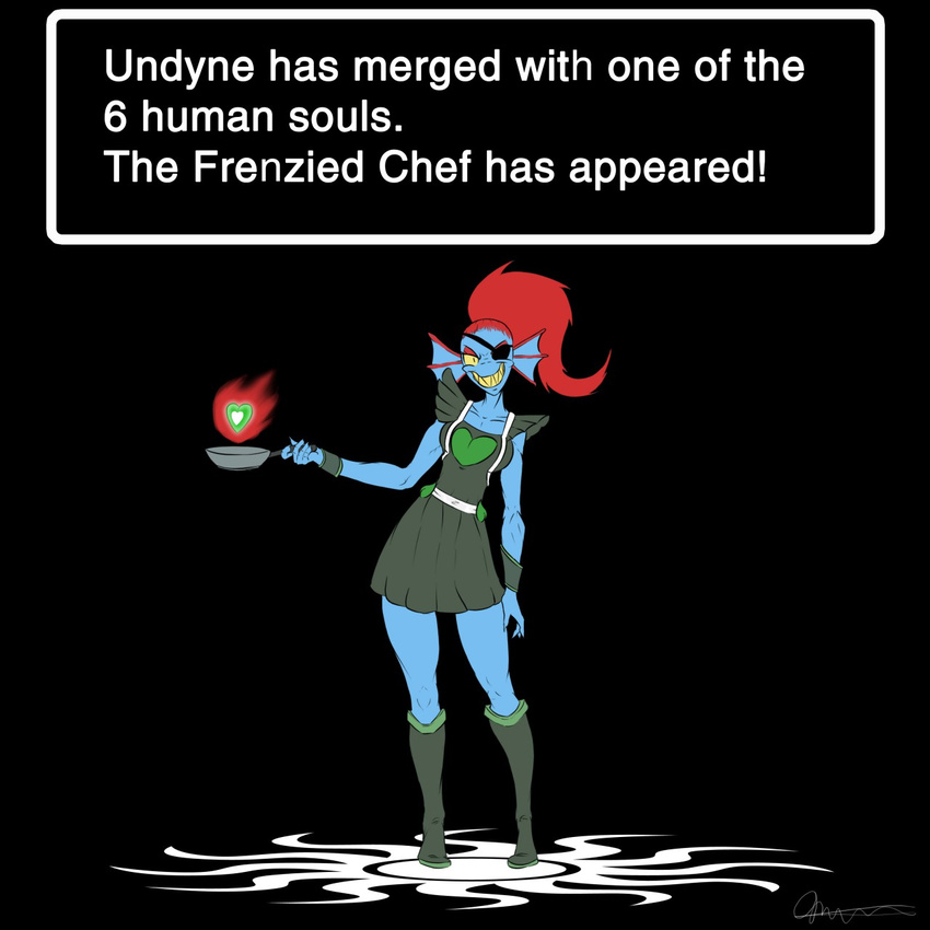 apron english_text eye_patch eyewear female looking_at_viewer mimic12455 solo text undertale undyne