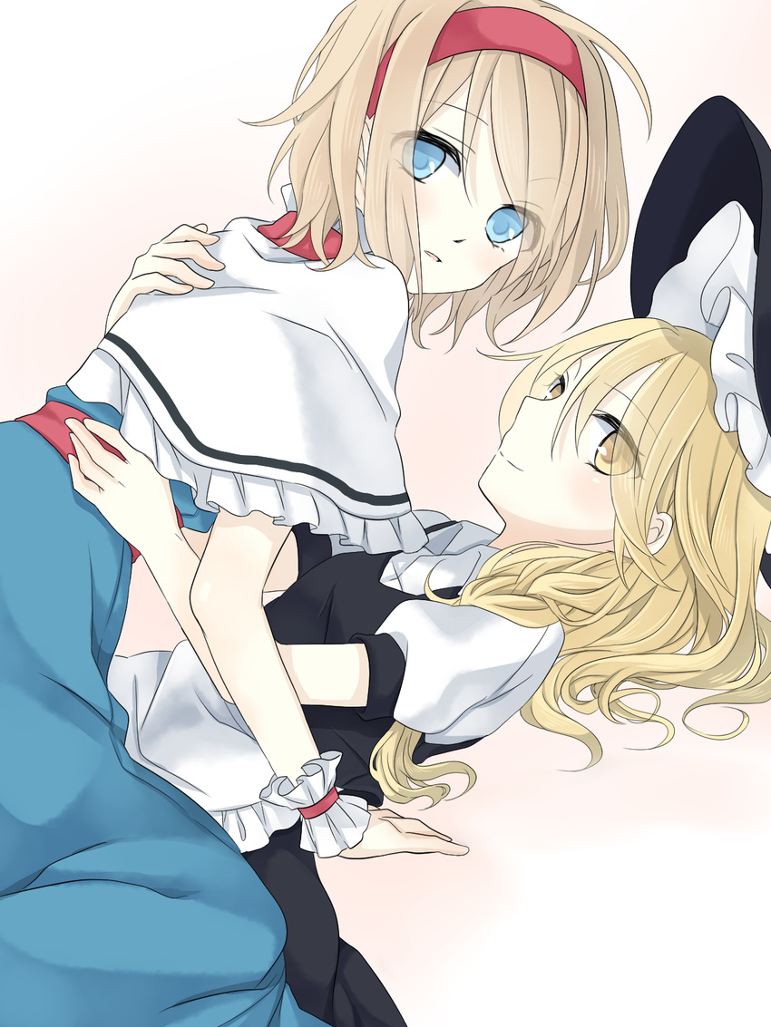 alice_margatroid apron black_dress blonde_hair blue_dress blue_eyes blush capelet couple dress girl_on_top hairband hat highres hug kirisame_marisa long_hair looking_at_viewer lying multiple_girls on_back open_mouth puffy_short_sleeves puffy_sleeves sash short_hair short_sleeves smile touhou tsuno_no_hito waist_apron witch_hat wrist_cuffs yellow_eyes yuri