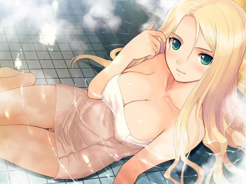 barefoot bath blonde_hair blush breasts cleavage date_wingfield_reiko fault!! feet game_cg green_eyes long_hair looking_at_viewer medium_breasts naked_towel partially_submerged shiny shiny_skin sitting smile solo steam tanaka_takayuki thigh_gap towel water