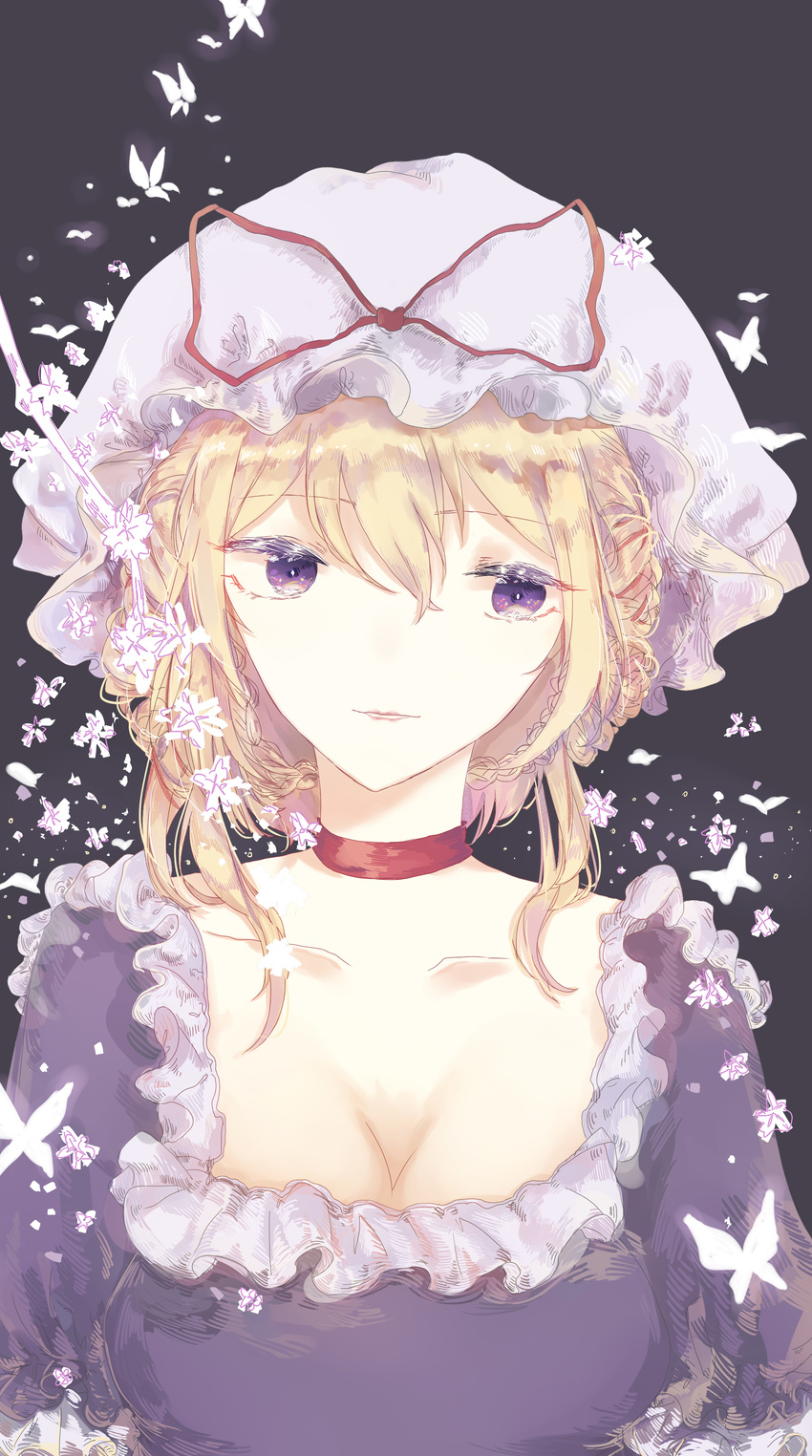 absurdres alternate_hairstyle bad_id bad_pixiv_id blonde_hair braid breasts bug butterfly canothy choker cleavage collarbone colored_eyelashes dress flower french_braid frilled_dress frills hair_up half-closed_eyes hat hat_ribbon highres insect large_breasts light_smile lips looking_down looking_to_the_side mob_cap petals purple_background purple_dress purple_eyes reflective_eyes ribbon shiny shiny_hair short_sleeves sidelocks simple_background solo touhou upper_body yakumo_yukari