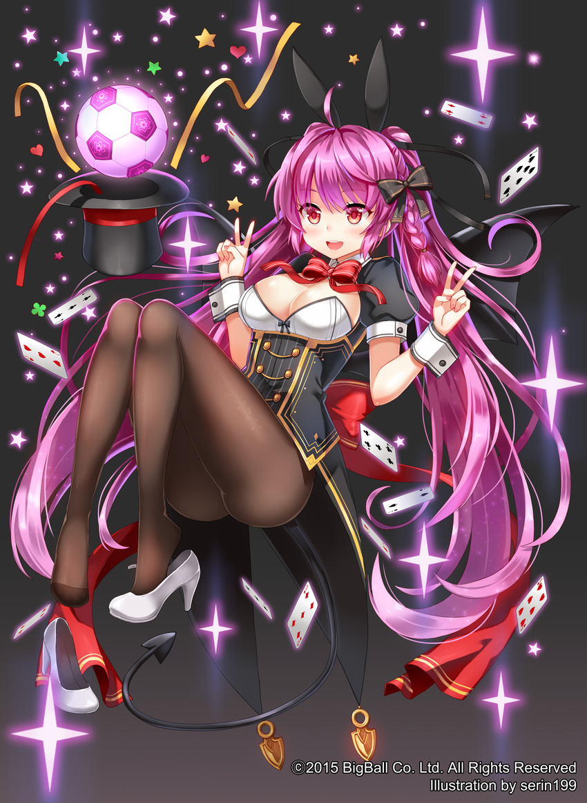 ahoge animal_ears ball black_daisy_(soccer_spirits) bow bowtie braid breasts bunny_ears card demon_tail demon_wings double_v hat highres large_breasts long_hair pantyhose purple_hair red_eyes ribbon serin199 shoe_dangle shoe_removed shoes single_shoe soccer_ball soccer_spirits solo tail top_hat underbust v very_long_hair wings wrist_cuffs