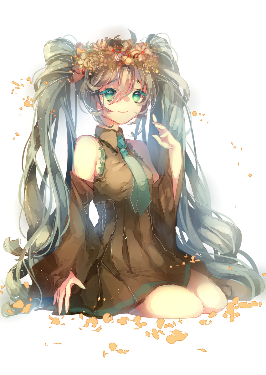 absurdres detached_sleeves dress green_eyes green_hair hatsune_miku head_wreath highres long_hair necktie sitting solo tears_namida twintails very_long_hair vocaloid white_background