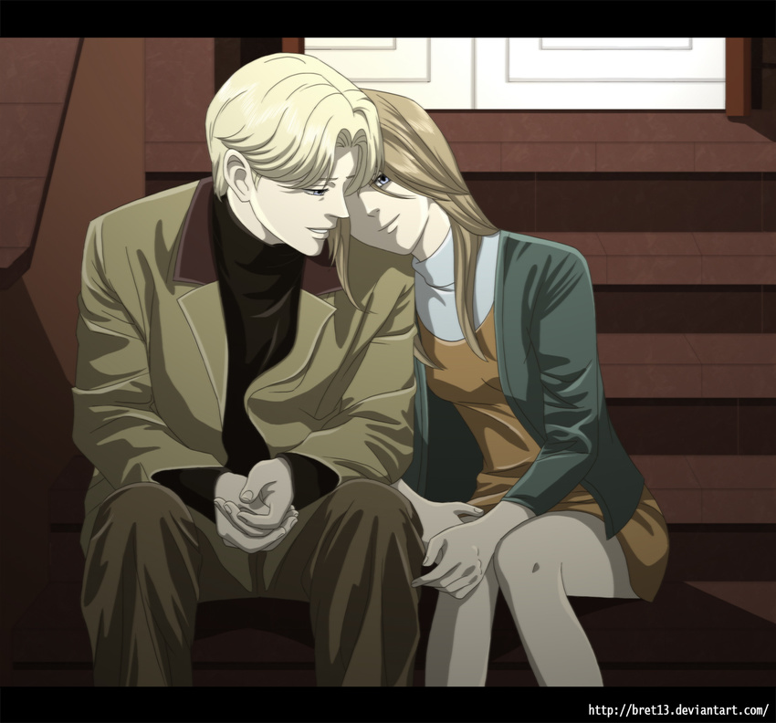 1girl anna_liebert blonde_hair blue_eyes bret13 brother_and_sister brown_hair hands_together head_on_shoulder jacket johan_liebert letterboxed monster_(manga) official_style siblings sitting stairs twins watermark web_address