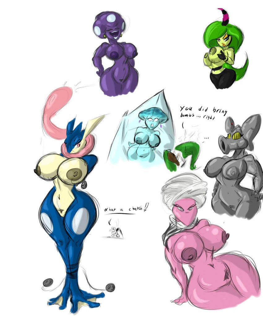 alien anthro areola big_breasts birdo breasts crossover english_text erect_nipples female greninja link male mario_bros nintendo nipples nude pok&eacute;mon princess_ruto princess_shroob pubes pussy shinysteel shroob tagme text the_legend_of_zelda video_games zeena zora