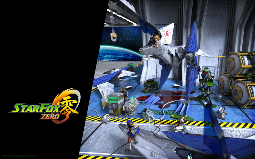 aircraft airplane arwing blue_eyes boots carrying_over_shoulder copyright_name falco_lombardi fingerless_gloves fox_mccloud full_body furry gloves green_eyes hat headset highres jacket mecha multiple_boys nintendo no_humans official_art peppy_hare planet red_eyes scouter sitting slippy_toad space standing star_fox star_fox_zero wallpaper wrench