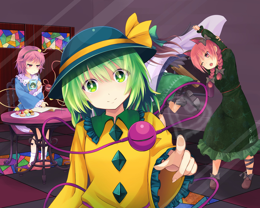 animal_ears arm_cannon arm_up bad_id bad_pixiv_id black_wings blush book bow braid brown_hair cape cat_ears chair dress extra_ears eyeball food fourth_wall green_dress green_eyes green_hair hair_bow hair_ornament hair_ribbon hairband hat hat_ribbon head_tilt heart highres indoors kaenbyou_rin komeiji_koishi komeiji_satori leg_ribbon long_hair long_sleeves looking_at_viewer multiple_girls nekomiyanono one_eye_closed open_book open_mouth pink_hair red_eyes red_hair reiuji_utsuho ribbon running shirt shoes short_hair sitting skirt slippers smile socks stretch string third_eye touhou twin_braids weapon white_legwear wide_sleeves wings