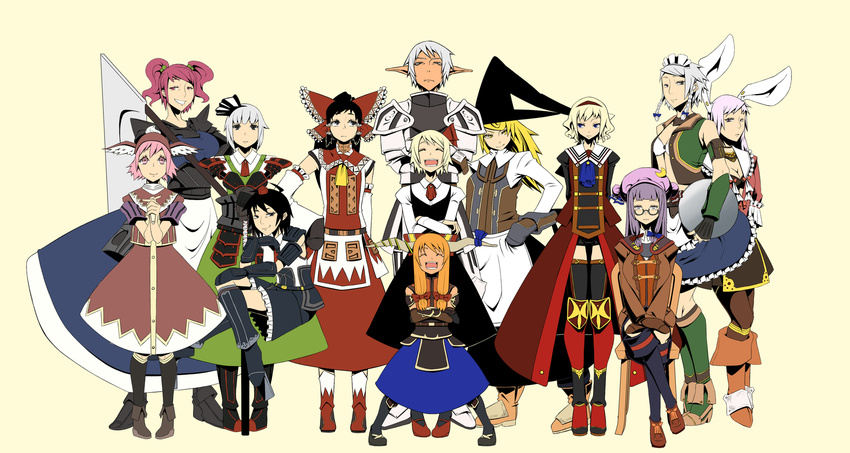 6+girls adapted_costume alice_margatroid animal_ears armor black_hair black_mage blonde_hair blue_eyes bow braid bunny_ears buront corsair corsair_(final_fantasy) crossed_arms crossed_legs crossover dark_knight_(final_fantasy) dress elf elvaan final_fantasy final_fantasy_xi geta glasses greaves hair_bow hairband hakurei_reimu hat highres horn_ribbon horns huge_weapon ibuki_suika izayoi_sakuya kirisame_marisa knee_pads konpaku_youmu laughing long_hair maid_headdress multiple_girls mystia_lorelei onozuka_komachi orange_hair paladin_(final_fantasy) patchouli_knowledge pauldrons pink_hair pointy_ears purple_eyes purple_hair red_eyes reisen_udongein_inaba ribbon rumia samurai samurai_(final_fantasy) scholar_(final_fantasy) scythe semi-rimless_eyewear shameimaru_aya short_hair silver_hair sitting tengu-geta the_iron_of_yin_and_yang thief_(final_fantasy) touhou twin_braids two_side_up weapon witch_hat yellow_eyes ze-n