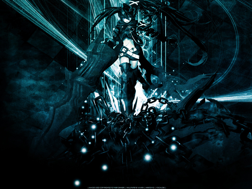 armor armored_boots armored_dress belt black_hair black_rock_shooter blue_eyes boots highres holding holding_weapon huke insane_black_rock_shooter long_hair scar shorts solo third-party_edit weapon