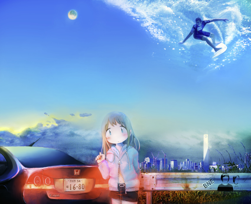 1boy 1girl blue blue_eyes blush bne building cityscape cloud construction crane graffiti hade_na_kangofu honda hood hooded_jacket jacket moon navel sky skyscraper surfboard surfing surreal unzipped