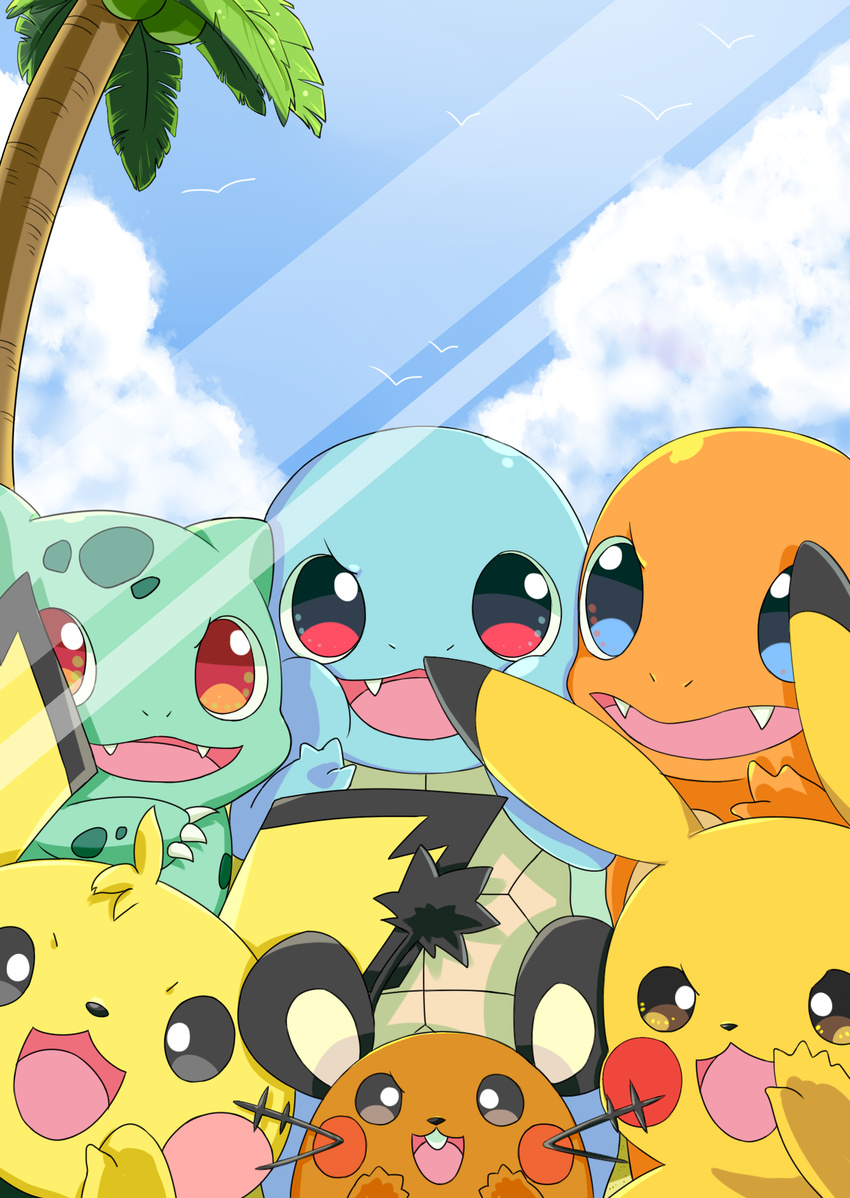 antennae bad_id bad_pixiv_id bird black_eyes blue_eyes buck_teeth bulbasaur charmander claws dedenne fangs gen_1_pokemon gen_2_pokemon gen_6_pokemon highres no_humans open_mouth palm_tree pichu pikachu pokemon pokemon_(creature) red_eyes seagull serika_sakamoto smile squirtle tree v-shaped_eyebrows window yellow_eyes