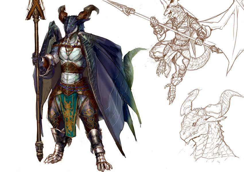 2011 afd-yred anthro armor blue_eyes blue_scales claws clothed clothing dragon horn male melee_weapon open_mouth polearm scales scalie simple_background slit_pupils solo spear teeth toe_claws tongue weapon white_background white_scales wings