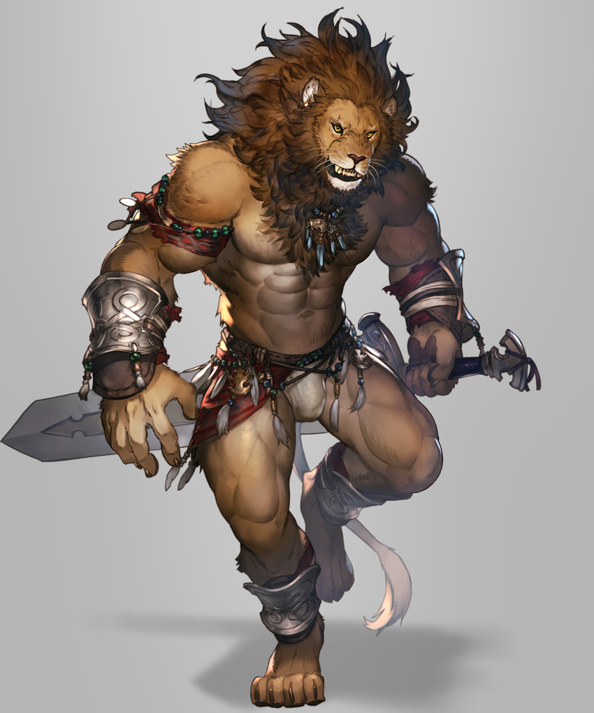2015 afd-yred anthro armor barefoot black_eyes brown_fur brown_hair claws clothed clothing feline fur grey_background hair hi_res lion long_hair male mammal melee_weapon muscular navel raised_leg simple_background solo sword teeth toe_claws tribal weapon yellow_sclera