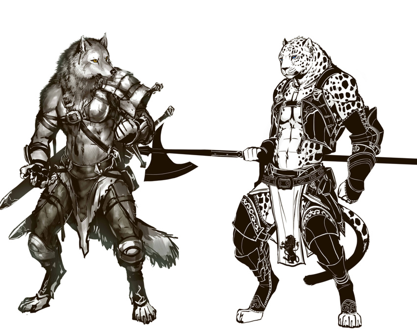 2012 afd-yred anthro armor barefoot canine claws clothed clothing duo feline fur halberd leopard loincloth male mammal melee_weapon monochrome navel polearm sheath simple_background spots sword toe_claws weapon white_background wolf