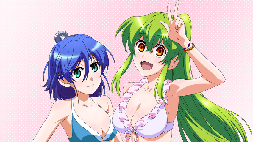 aizawa_nagisa_(jitsu_wa) bikini blue_hair derivative_work fangs green_eyes green_hair highres jitsu_wa_watashi_wa long_hair looking_at_viewer multiple_girls orange_eyes polka_dot polka_dot_background ponytail ryoumei50 shiragami_youko simple_background smile swimsuit v very_long_hair