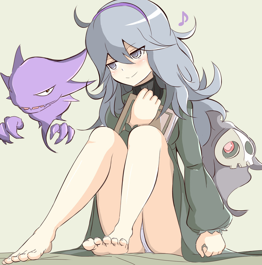 ahoge al_bhed_eyes bare_legs barefoot blush book book_hug dress duskull eighth_note feet gen_1_pokemon gen_3_pokemon hairband haunter hex_maniac_(pokemon) highres holding holding_book long_hair looking_away messy_hair muroi_(fujisan0410) musical_note pale_skin panties pantyshot pantyshot_(sitting) pokemon pokemon_(creature) pokemon_(game) pokemon_xy purple_eyes purple_hair purple_hairband sitting smile sweater underwear white_panties