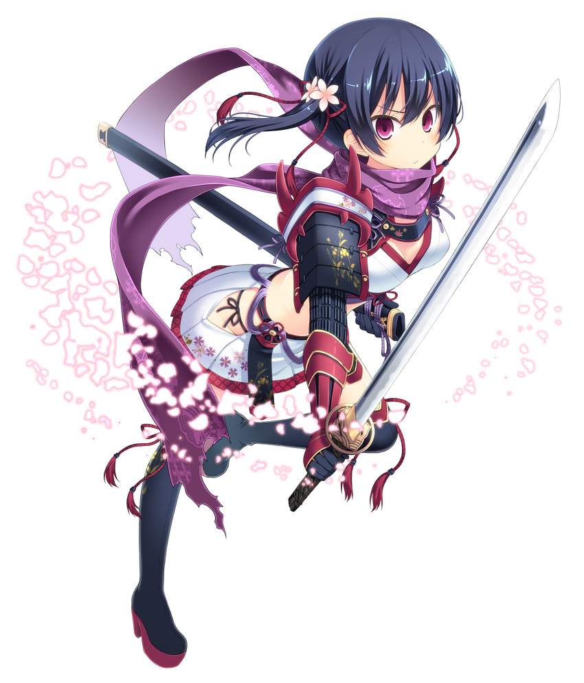 absurdres amamiya_minato armor bad_id bad_pixiv_id black_hair breasts cherry_blossoms cleavage floral_print full_body highres japanese_armor japanese_clothes katana kote medium_breasts original purple_eyes scarf sheath short_hair shoulder_armor side_ponytail sode solo sword thighhighs transparent_background unsheathed weapon