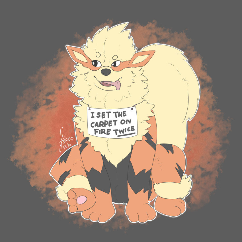 2014 ambiguous_gender arcanine black_eyes black_fur blonde_hair canine cute english_text feazo feral fur hair mammal nintendo nude open_mouth pawpads paws pok&eacute;mon pok&eacute;shaming red_fur sign sitting smile solo stripes teeth text tongue tongue_out video_games yellow_fur