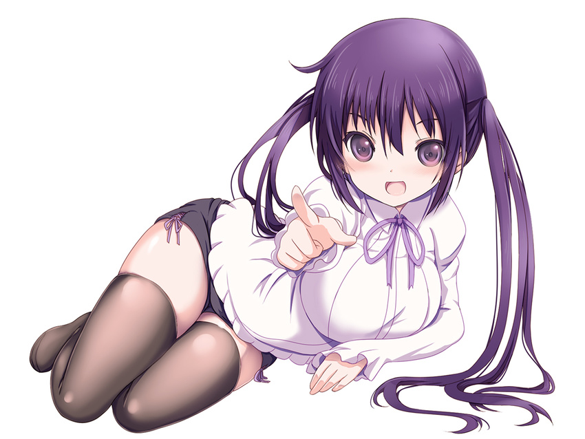 :d bangs black_legwear black_shorts blouse blush bow breasts full_body gochuumon_wa_usagi_desu_ka? large_breasts long_hair long_sleeves looking_at_viewer lying no_shoes on_side open_mouth pointing pointing_at_viewer purple_eyes purple_hair purple_ribbon ribbon shorts simple_background smile solo sora_to_umi tedeza_rize twintails white_background white_blouse