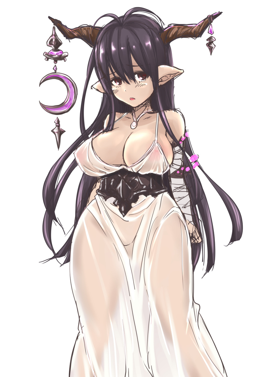 bare_shoulders breasts cleavage danua draph granblue_fantasy highres horn_ornament horns large_breasts legs looking_at_viewer parted_lips pointy_ears red_eyes simple_background solo taku-tama thighs white_background