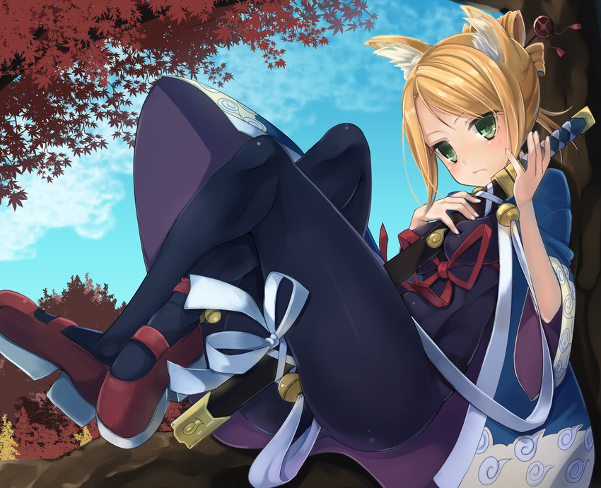 7th_dragon 7th_dragon_(series) animal_ears autumn autumn_leaves bell between_breasts between_thighs blonde_hair blue_sky blush bodysuit bow breast_press breasts cloud day fox_ears frown green_eyes hair_ornament hair_stick highres holding holding_sword holding_weapon in_tree jingle_bell kasasuge katana namuna_(7th_dragon) outdoors red_bow red_footwear red_ribbon ribbon samurai_(7th_dragon) sheath sheathed shoes sitting sitting_in_tree skin_tight sky solo sword tree weapon white_ribbon