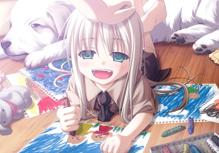 animal aqua_eyes barefoot blonde_hair blush child child_drawing crayon dog drawing fang floor hand_on_another's_head hands karia0424 long_hair lying oekaki_musume on_stomach open_mouth original paws petting solo_focus stuffed_animal stuffed_toy