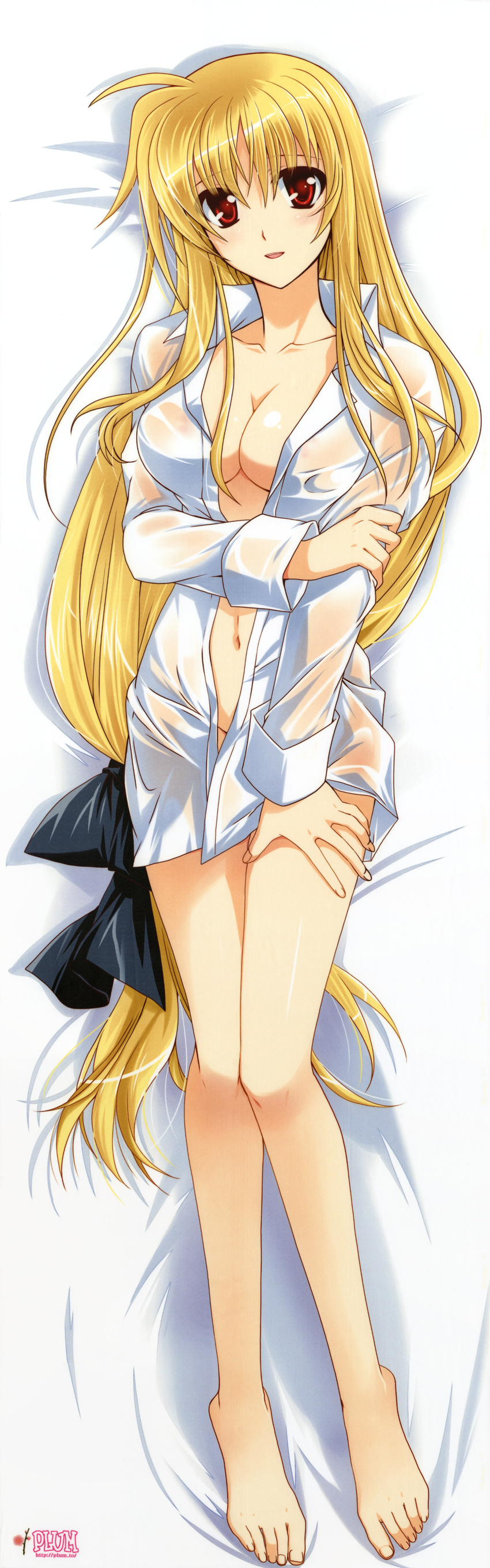 :d absurdres barefoot blonde_hair breasts cleavage dakimakura dress_shirt fate_testarossa feet hand_on_thigh highres holding_arm huge_filesize kanna_(plum) long_hair long_legs low-tied_long_hair lyrical_nanoha mahou_shoujo_lyrical_nanoha_strikers medium_breasts naked_shirt navel no_bra no_panties open_clothes open_mouth open_shirt red_eyes scan see-through shirt smile solo toes very_long_hair wet wet_clothes wet_shirt