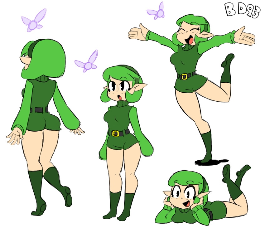 ass bigdead93 black_eyes boots breasts collage fairy green_footwear green_hair highres kokiri lying on_stomach pointy_ears saria short_hair small_breasts smile solo the_legend_of_zelda the_legend_of_zelda:_ocarina_of_time tunic turtleneck