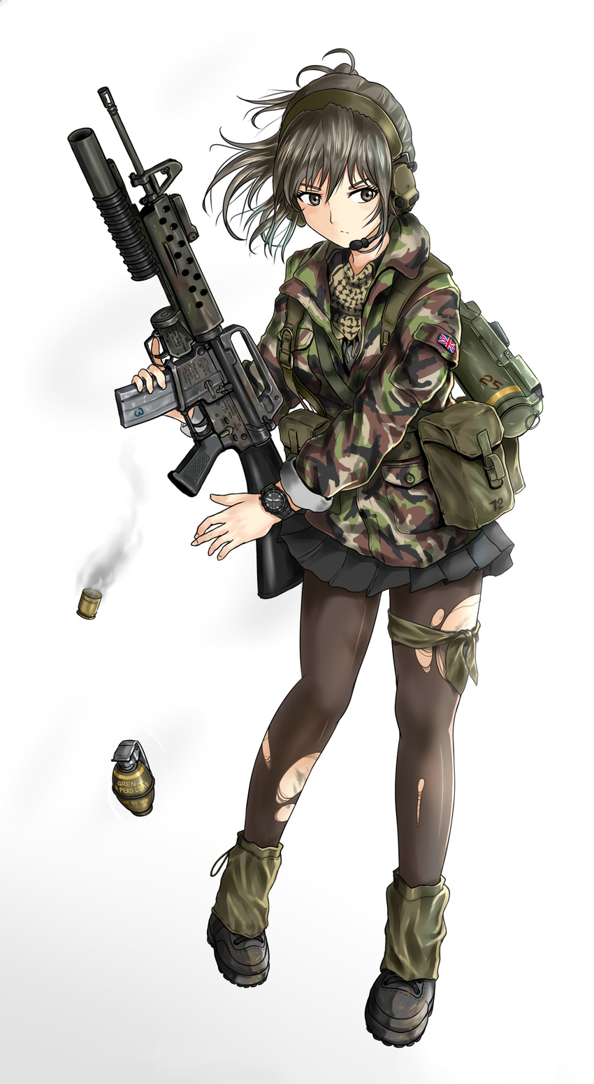 absurdres assault_rifle casing_ejection ear_protection explosive full_body grenade grenade_launcher gun headset highres m16a2 m203 m72_law military military_uniform pantyhose pleated_skirt rifle rocket_launcher shell_casing skirt solo specterz torn_clothes torn_legwear underbarrel_grenade_launcher uniform union_jack watch weapon woodland_dpm_(camo) woodland_pattern