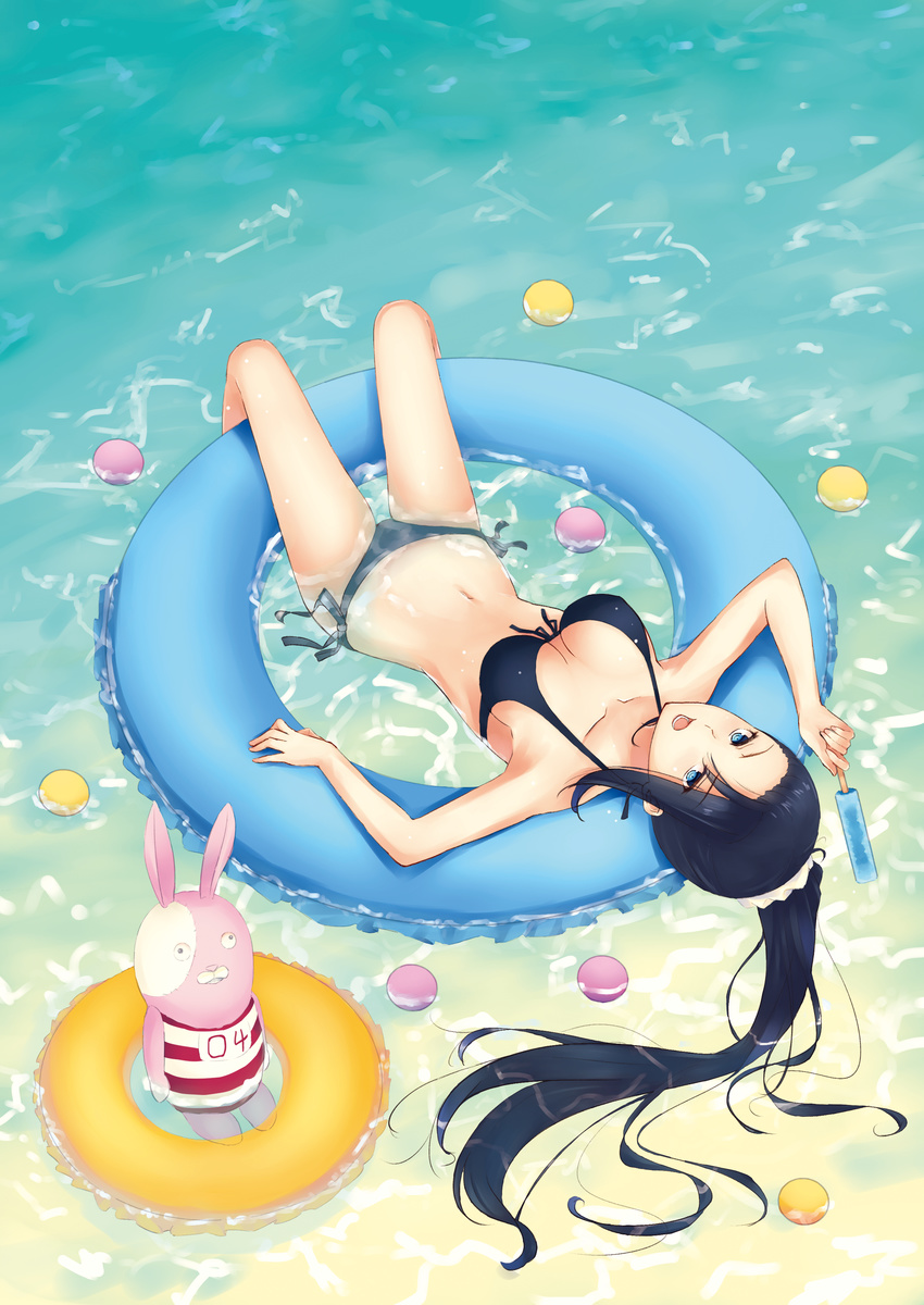 absurdres afloat beach bikini black_hair blue_eyes breasts bunny cleavage day food front-tie_top highres innertube kirenenko long_hair medium_breasts navel ocean outdoors partially_submerged ponytail popsicle side-tie_bikini solo swimsuit touhu_(f"riend_coffee) upside-down usavich water