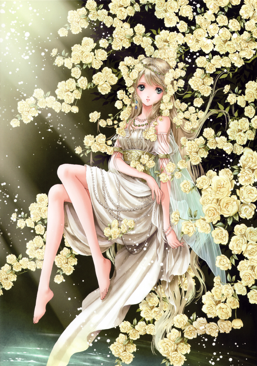 absurdres aqua_eyes bare_shoulders barefoot brown_hair dark_background dress fairy_wings flower full_body highres huge_filesize jewelry legs light_rays lips long_hair looking_at_viewer necklace original rose shiitake_(gensoudou) smile solo sunlight toes very_long_hair water wings yellow_flower yellow_rose