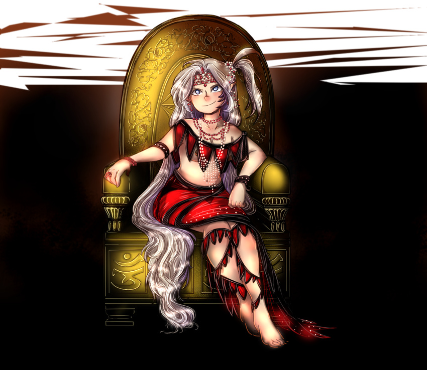 beads blue_eyes bracelet breasts commentary jewelry long_hair muutzi nipple_slip nipples parody shinki siddham sitting small_breasts smile throne touhou touhou_(pc-98) very_long_hair white_hair yin_yang