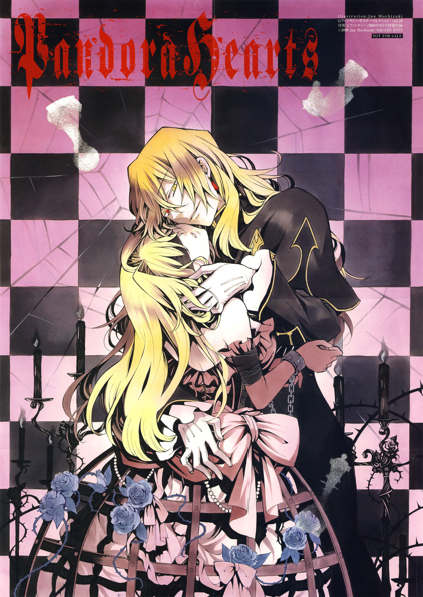 1girl absurdres ada_vessalius bare_shoulders blonde_hair bridal_gauntlets candle capelet checkered checkered_background copyright_name dress earrings flower formal frills gathers gloves heterochromia highres jewelry long_hair mochizuki_jun necktie official_art pandora_hearts police red_eyes rose smile vincent_nightray wrist_cuffs yellow_eyes