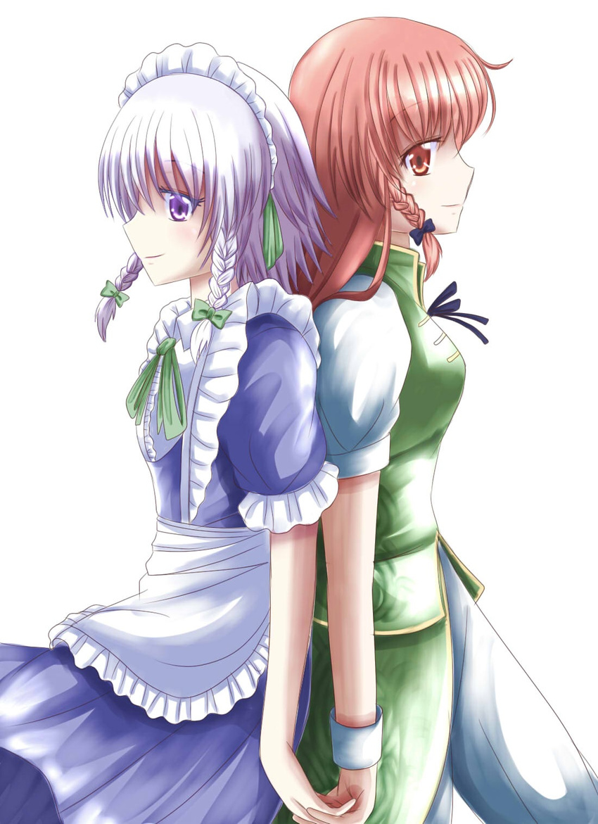 alternate_eye_color apron back-to-back bad_id bad_pixiv_id bow braid chinese_clothes couple hair_bow hands_together highres hong_meiling izayoi_sakuya long_hair maid_headdress multiple_girls no_hat no_headwear pants profile purple_eyes red_eyes red_hair ribbon short_hair short_sleeves silver_hair simple_background skirt skirt_set smile touhou twin_braids waist_apron wendell white_background wrist_cuffs yuri