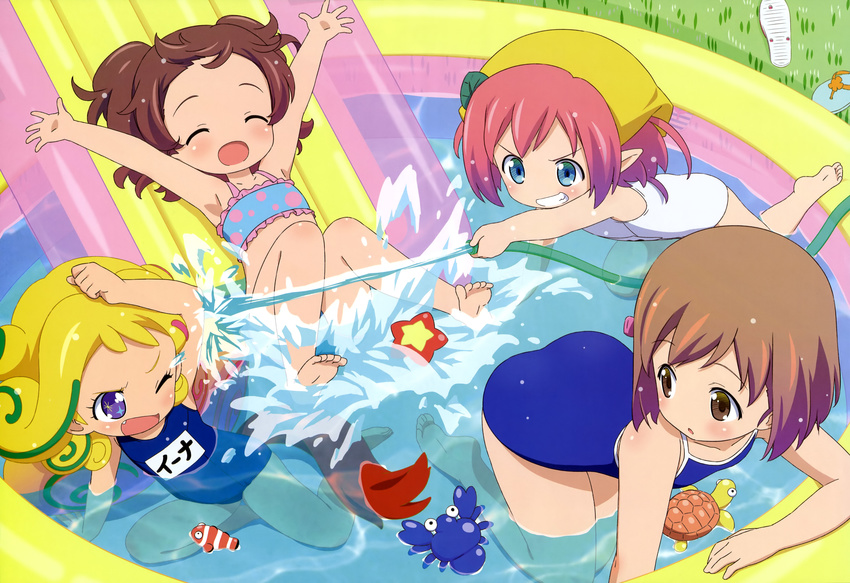 absurdres arms_up barefoot bikini blonde_hair blue_eyes brown_hair closed_eyes competition_school_swimsuit crab feet haitai_nanafa highres hose iina_(haitai_nanafa) kyan_kokona kyan_nanafa multiple_girls niina_(haitai_nanafa) non-web_source nyantype official_art old_school_swimsuit one-piece_swimsuit one_eye_closed open_mouth pink_hair purple_eyes school_swimsuit swimsuit turtle water white_school_swimsuit white_swimsuit