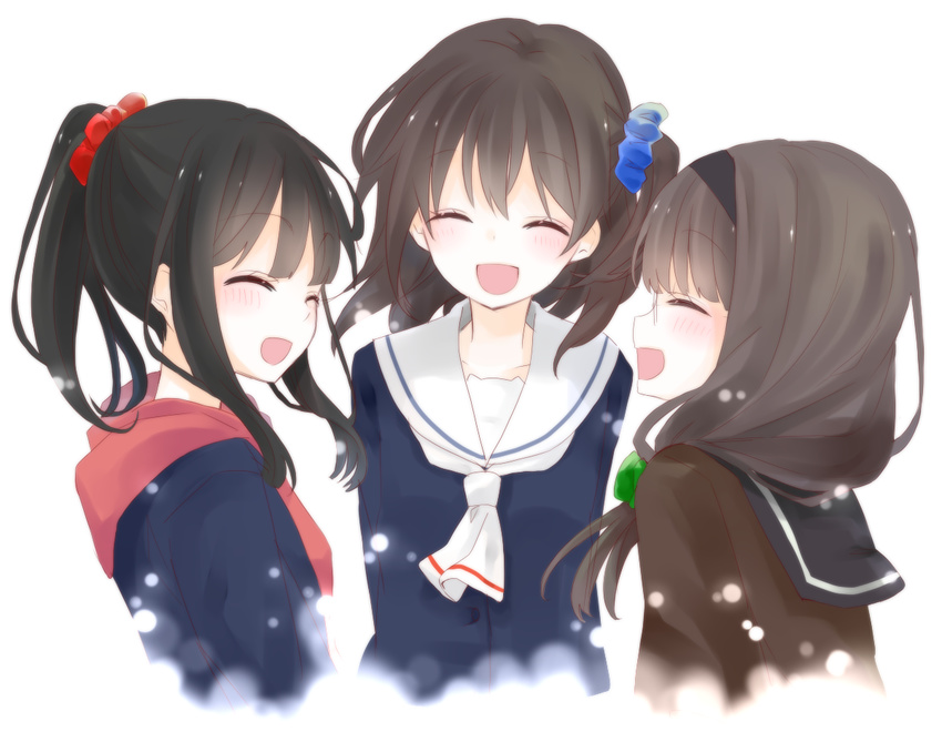 :d ^_^ black_hair blush closed_eyes friends glasses hair_ornament hairband happy hood hoodie kominato_ruuko kurebayashi_yuzuki laughing long_hair long_sleeves miyama_rikka multiple_girls open_mouth ponytail school_uniform scrunchie selector_wixoss smile uemura_hitoe wixoss